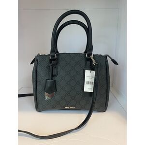 NEW Nine West Shantel Jet Black Monogram Satchel Crossbody Bag Dual Handles